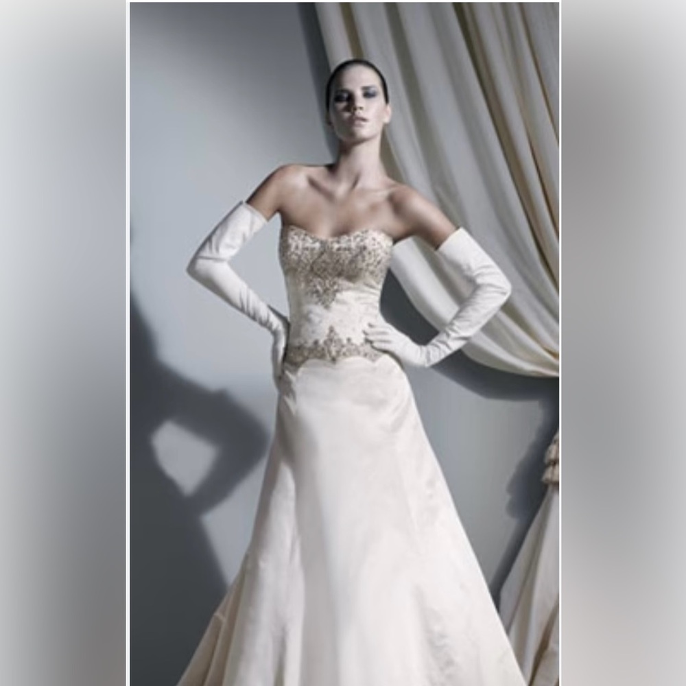 Platinum Priscilla of Boston Elegant Ivory Crystal Embellished Wedding Dress